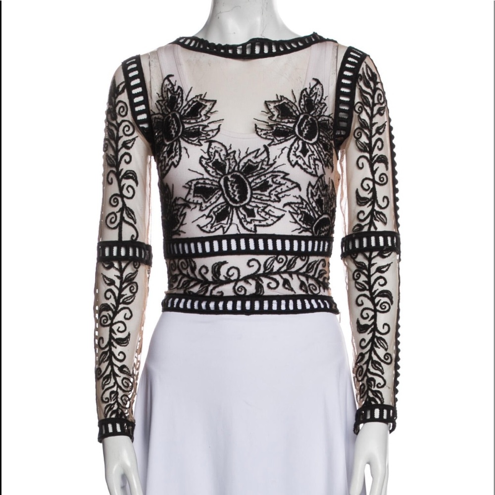 For Love & Lemons Black and Nude Embroidered Mesh Top